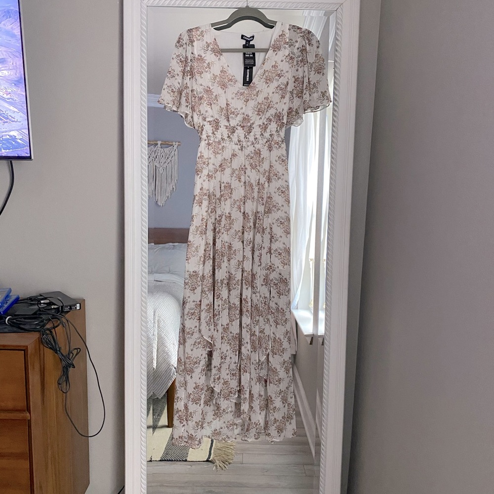 Express Metallic Floral Flutter Sleeve Midi Dress